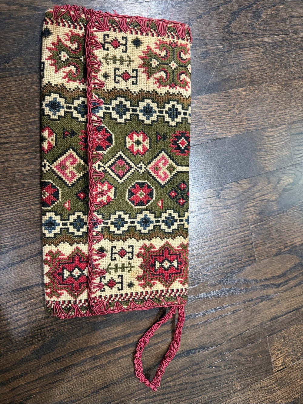 Vintage Handwoven tapestry Patterned Wristlet Clutch - Olive & Red